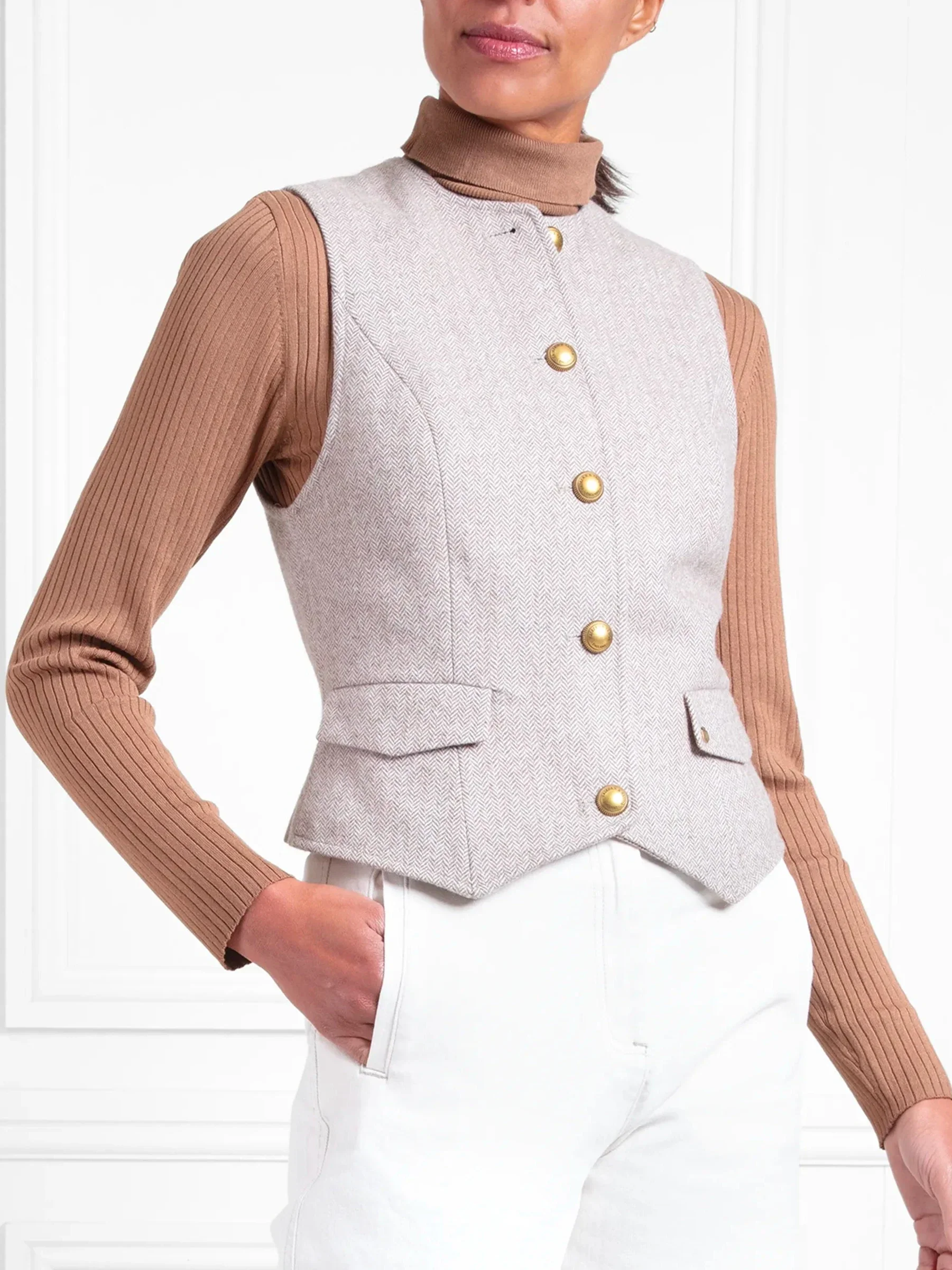 Eleanor Waistcoat Gilet - Almond Herringbone