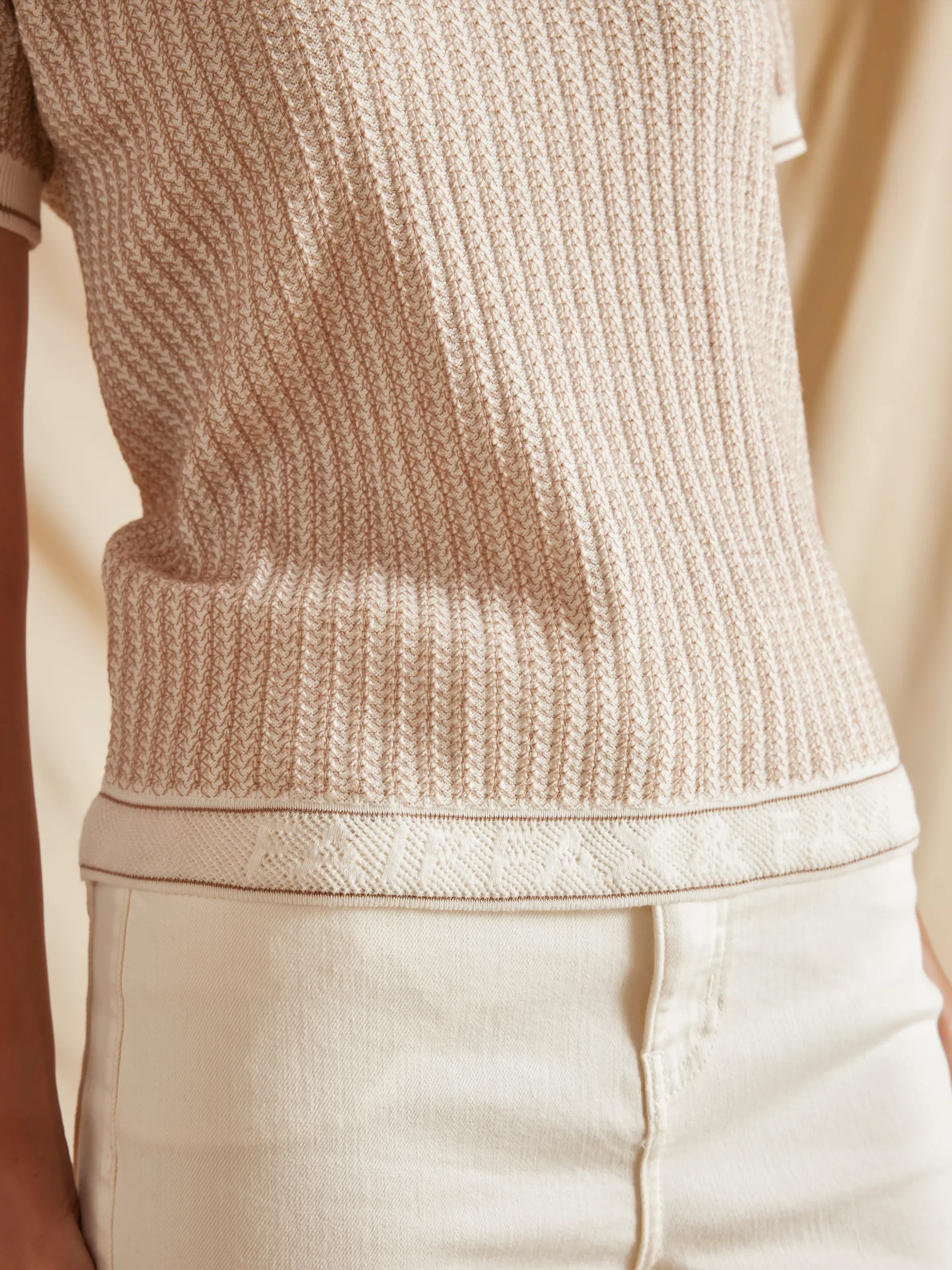 Mae Knitted Polo Shirt - Tan & Cream - Image 6