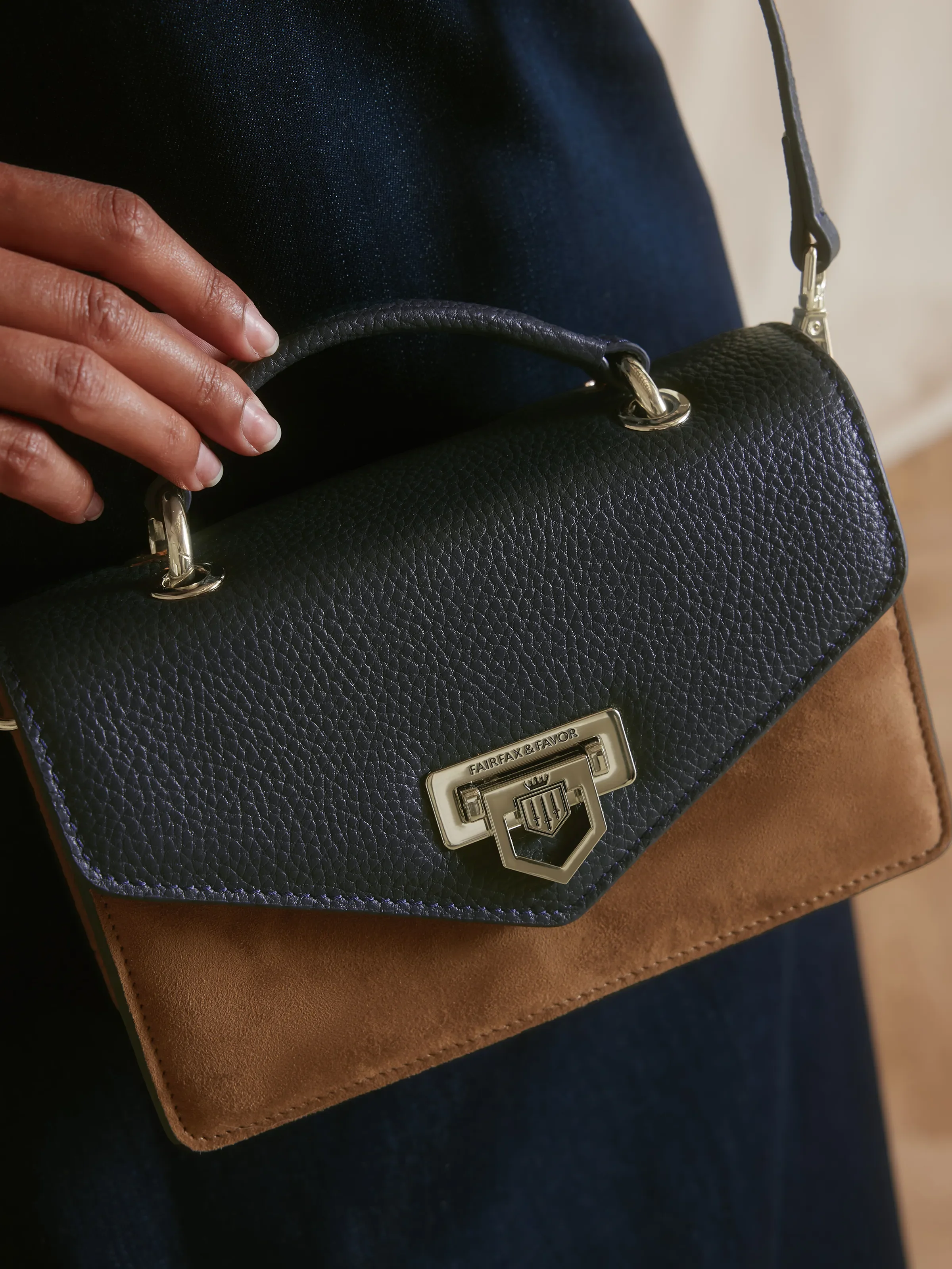 Loxley Mini Cross Body Bag - Tan & Navy Suede - Image 6