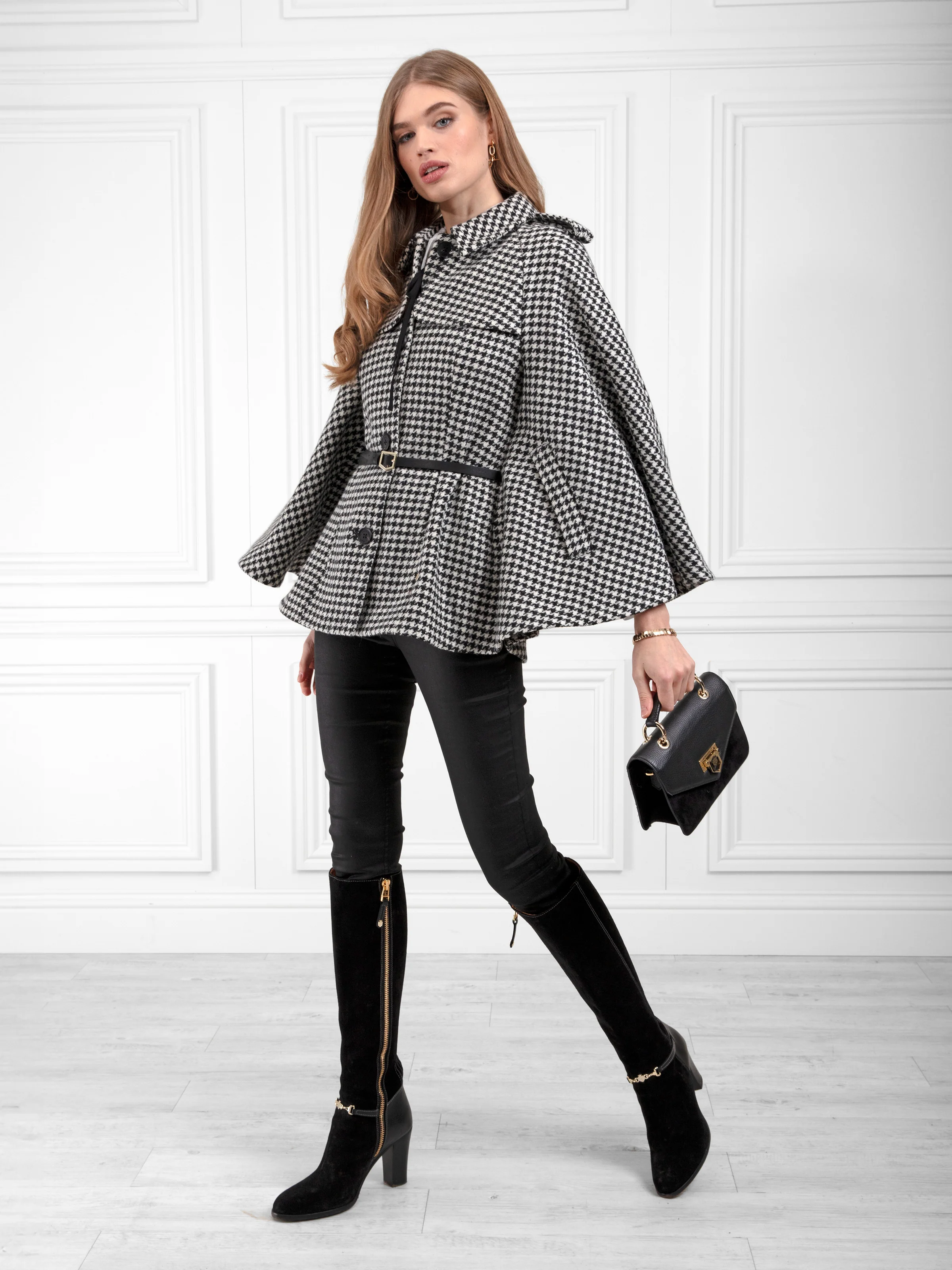 Sienna Wool Cape - Monochrome Houndstooth - Image 5